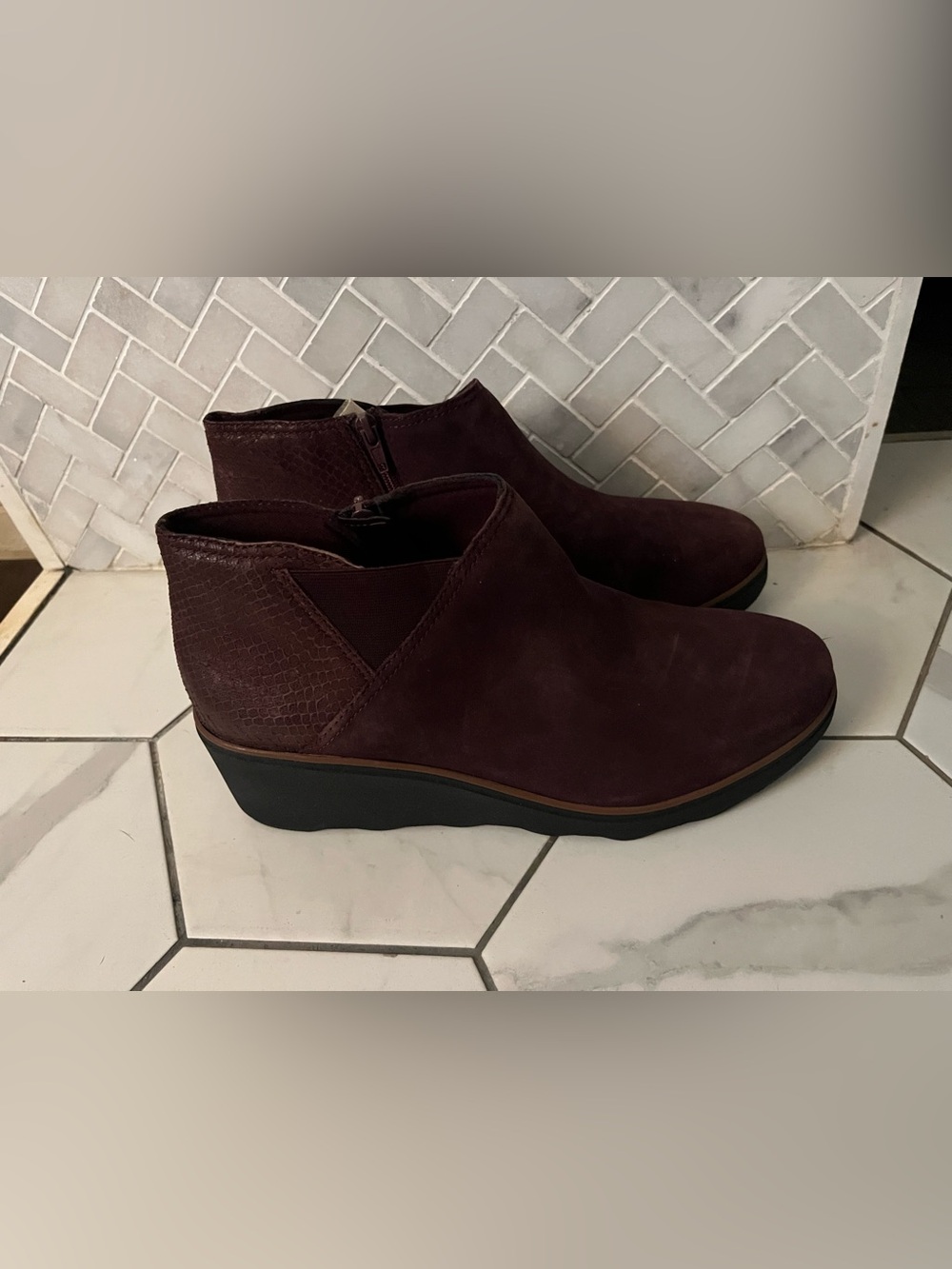 Clarks Burgundy Suede Wedge Ankle Booties